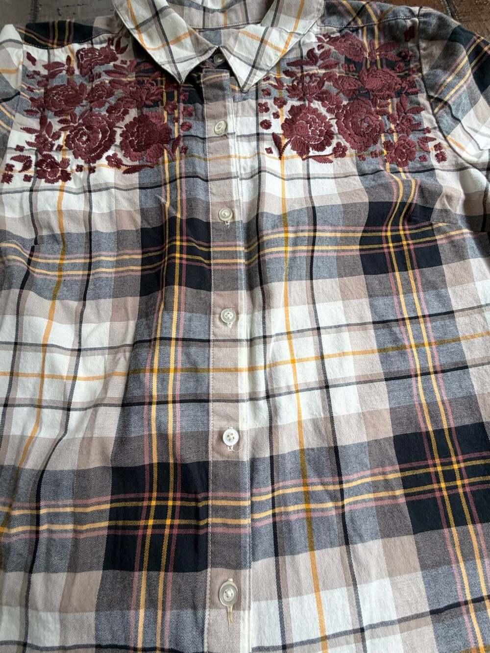 Denim & Co. Floral Embroidered Plaid Button Down Shirt Size L - Picture 2 of 9